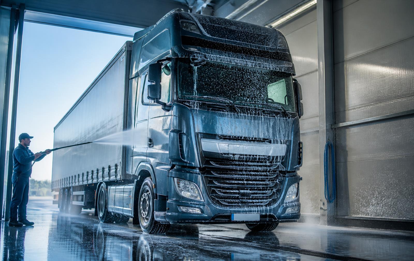 Camion lavato con idropulitrice nel piazzale di Cheema Truck Wash a Novedrate